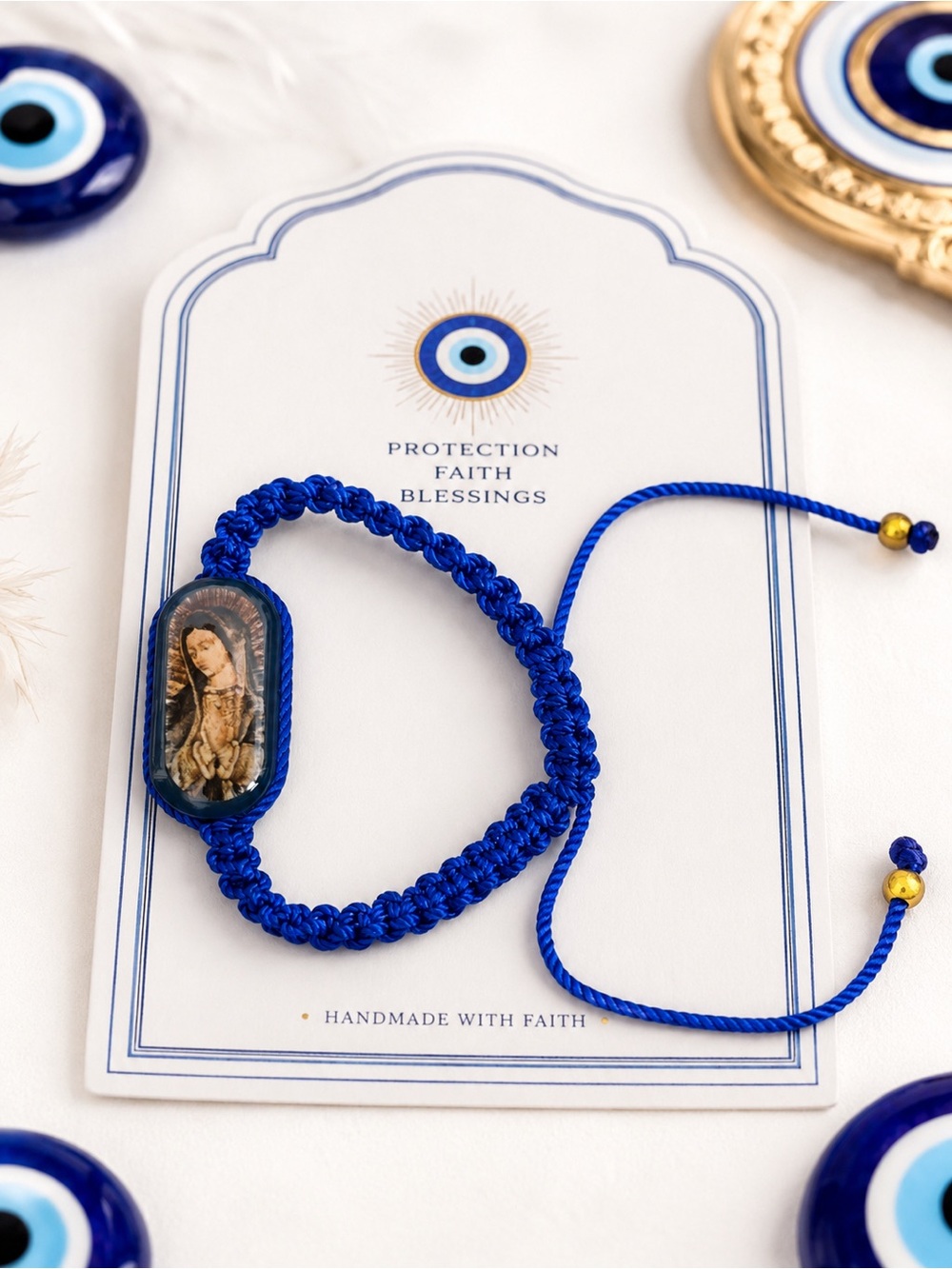 Handmade Blue Macramé Religious Bracelet with Virgin Mary Medallion